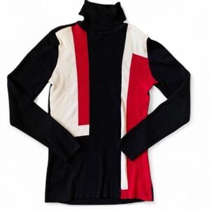 90's Colorblock Red, White, & Black Turtleneck, Ribbed Sweater. Small.